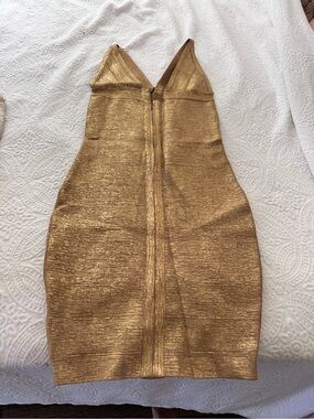 VENUS Metallic Gold V-Neck Bodycon Mini Dress